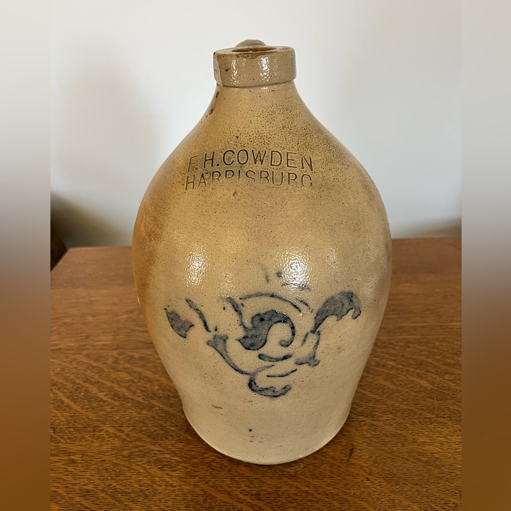 Antique Salt Glazed cobalt Stoneware “F.H.COWDEN”HARRISBURG PA" 1880-1890s  Jug
